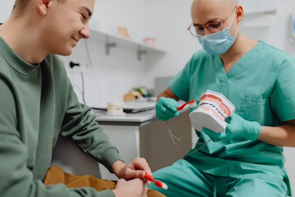 A dentist demonstrating proper care for Invisalign retainers to a patient after completing treatment